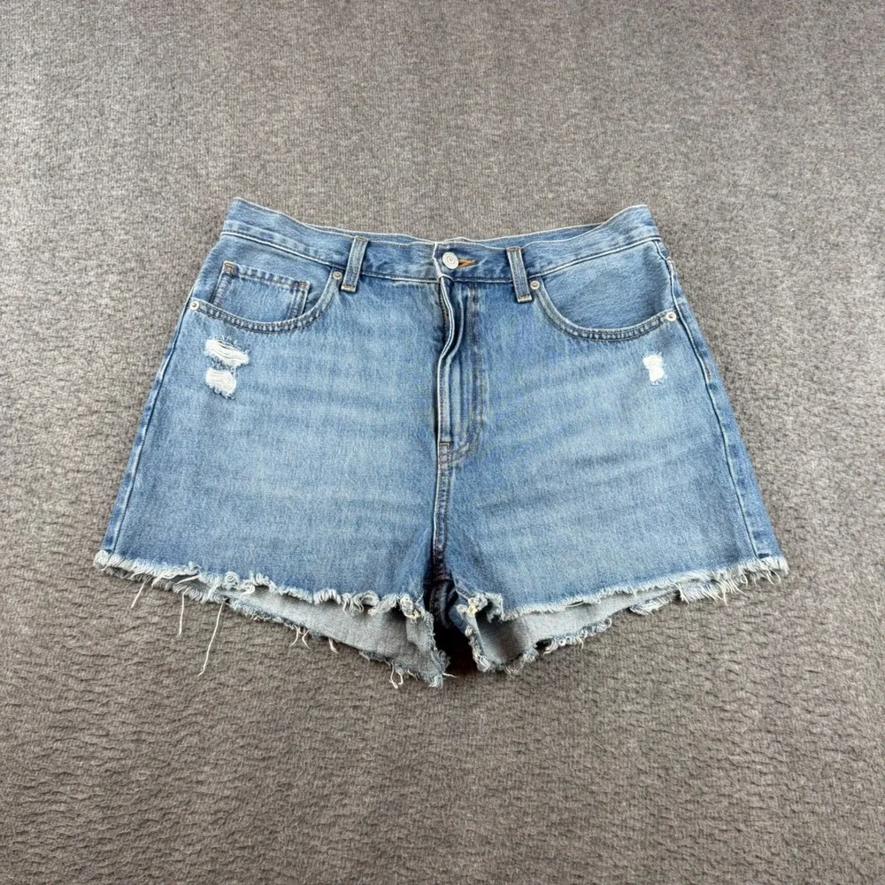 Uniqlo Denim Shorts Women's 28 Blue Distressed Raw Hem High Rise 221-450293